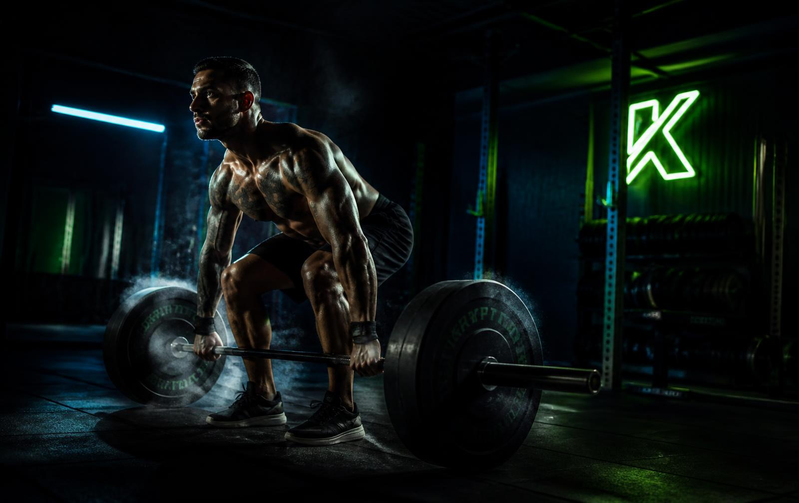 Athlete training with barbells in a dark neon-lit gym